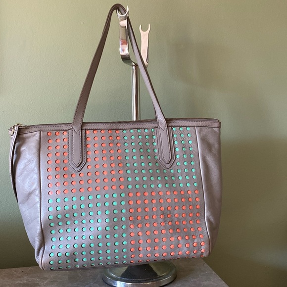 5/$30 Fossil Leather Zippered Gray/Mint/Orange Bag 12"W x 5 1/2"D x 11" T - Picture 2 of 15